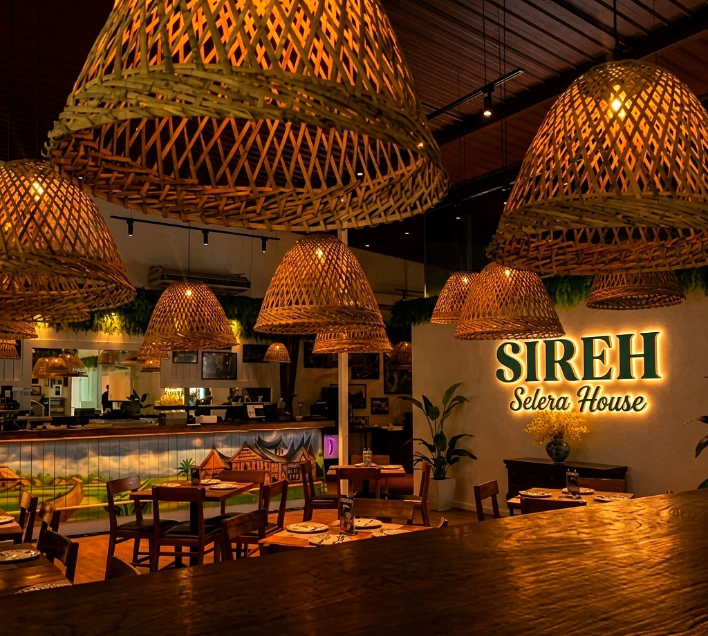 The Sireh dining room with rattan lights and signage