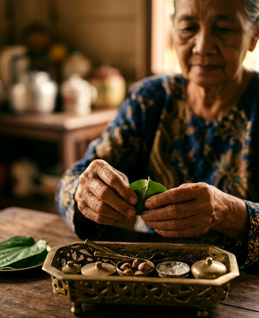 A grandmother folding sireh at the brass tepak